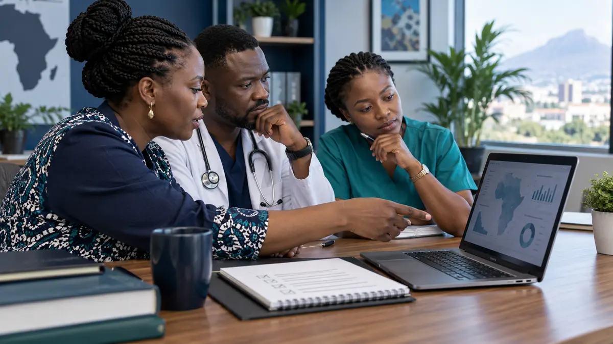 Public health professionals critically reviewing AI assisted insights together