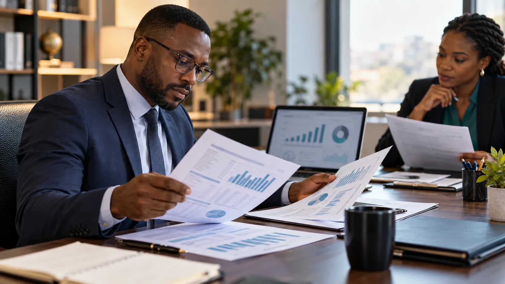 Illustrative image of analysts comparing financial records and charts