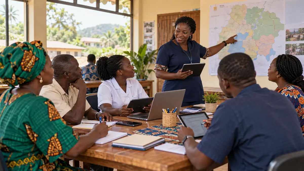 African frontline and community health representatives participating in digital health training