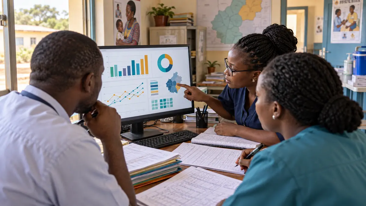 Public health team checking field records against a digital dashboard
