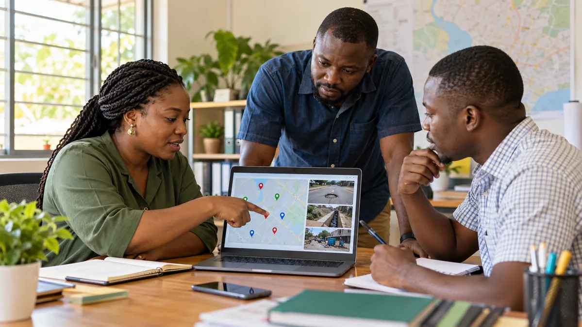 Illustration of Ghanaian infrastructure officers reviewing maps and issue photos together