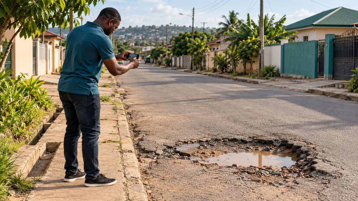 Illustration of a resident photographing a pothole for community issue reporting