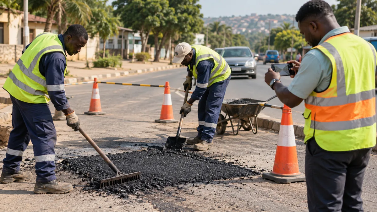 Illustration of road workers repairing a pothole while a supervisor photographs the work