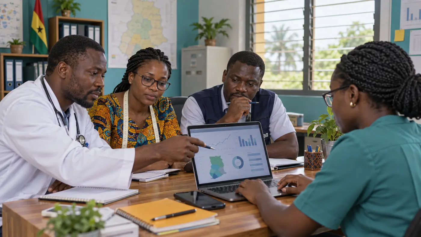Multidisciplinary Ghanaian health team reviewing anonymized surveillance trends