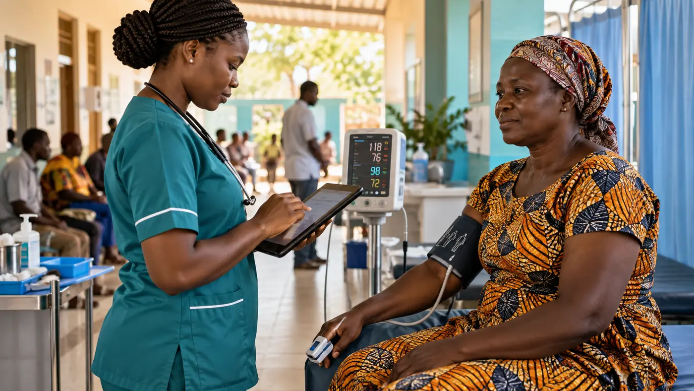 OPD nurse recording vital signs digitally during a screening encounter