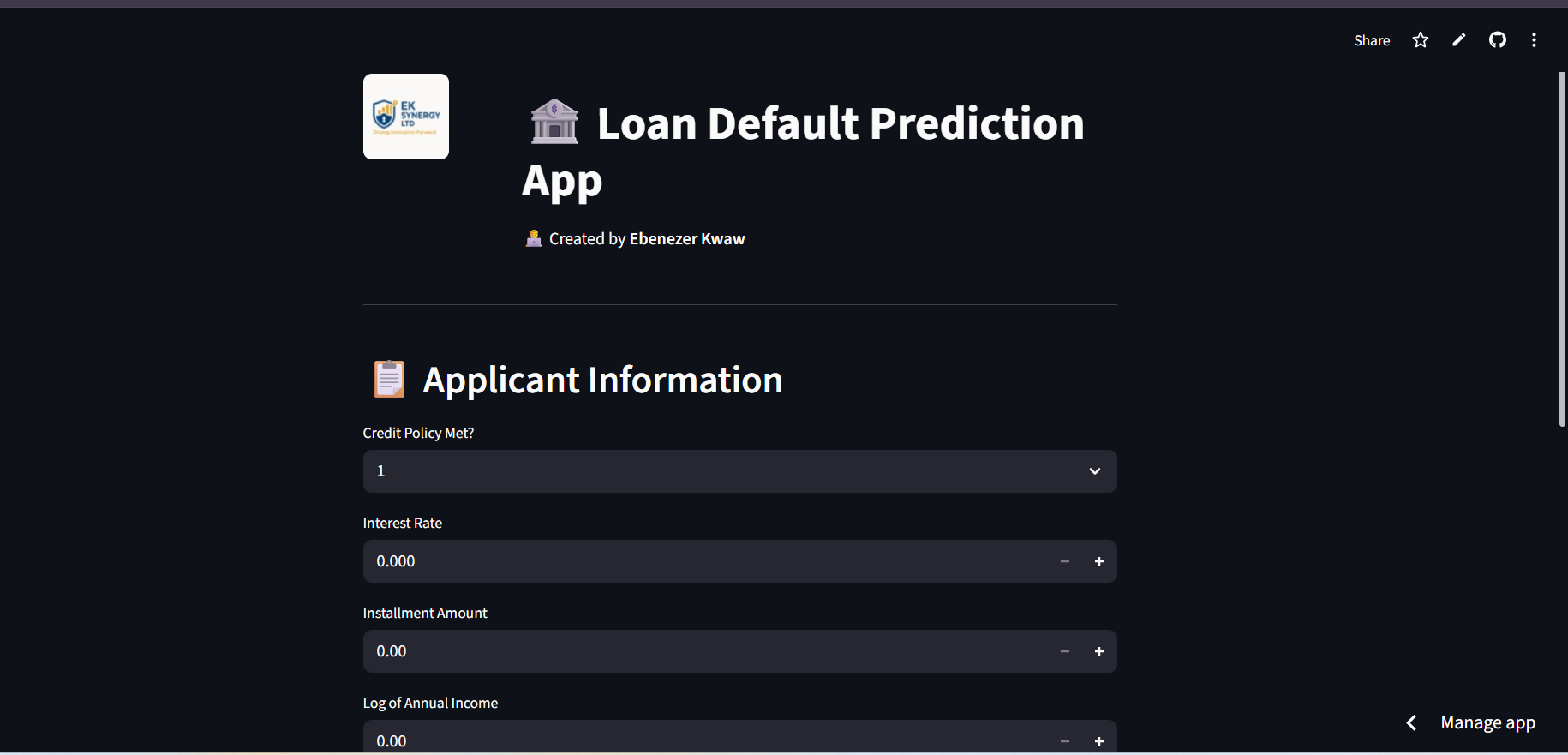 Screenshot of the earlier Streamlit loan prediction prototype