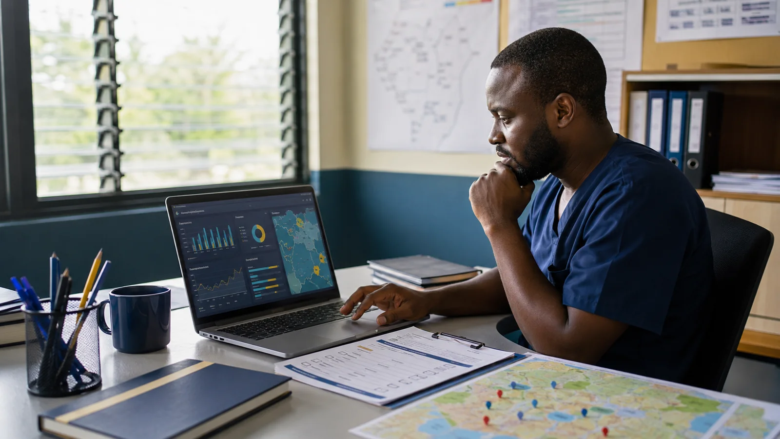 African public-health professional reviewing an AI-supported health dashboard